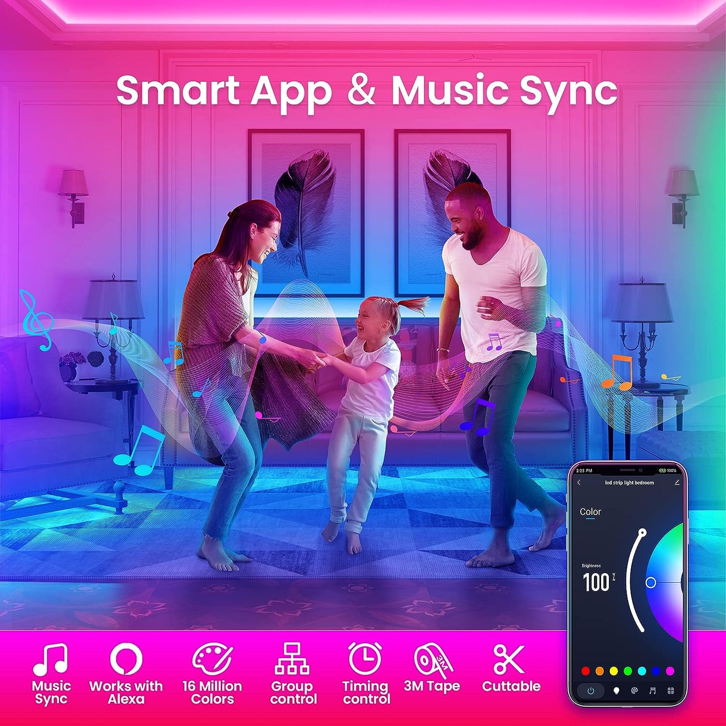 100Ft Smart Led Strip Lights for Bedroom, Work with Alexa,5050 RGB Color Changing Music Sync Led Lights Strip with App Remote,Multi-Color Wireless Led Lights for Bedroom (App+Remote+Voice)