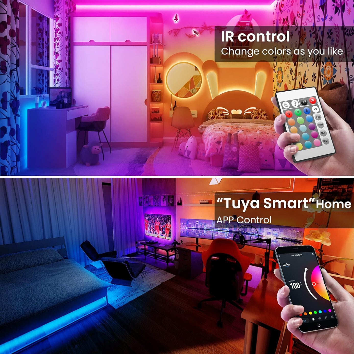 100Ft Smart Led Strip Lights for Bedroom, Work with Alexa,5050 RGB Color Changing Music Sync Led Lights Strip with App Remote,Multi-Color Wireless Led Lights for Bedroom (App+Remote+Voice)